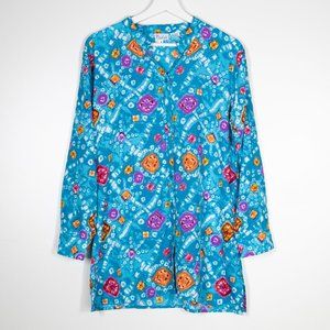 🎁 Vintage bold print teal blue button up tunic top